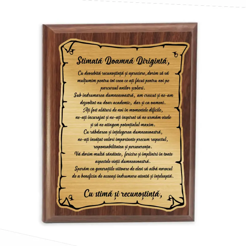 Stimata doamna diriginte, placheta lemn personalizata prin gravura
